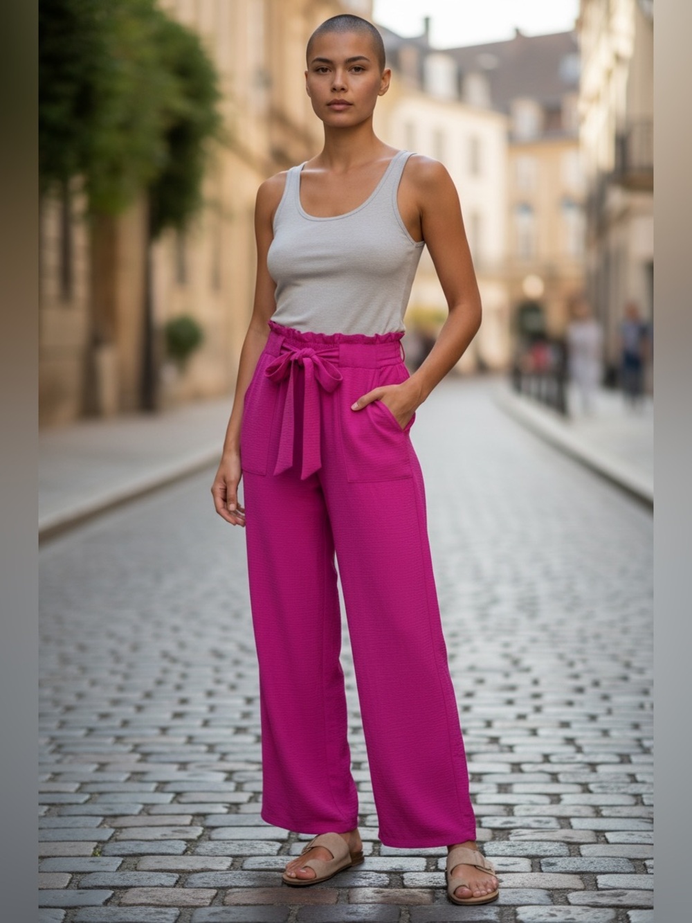 Paperbag Waist Wide-Leg Capris in Vibrant Magenta